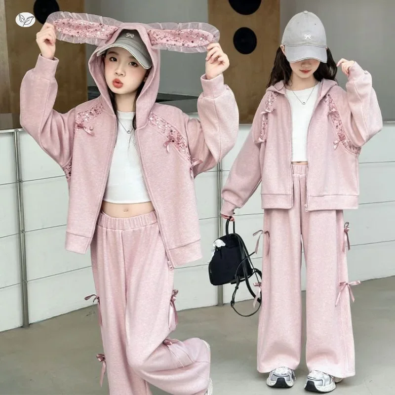 Kids Girls Clothes Spring/Autumn Children's Sequined Rabbit-ear Hooded Cardigan Sport Suit Girls Clothing Sets Teen Tracksuit