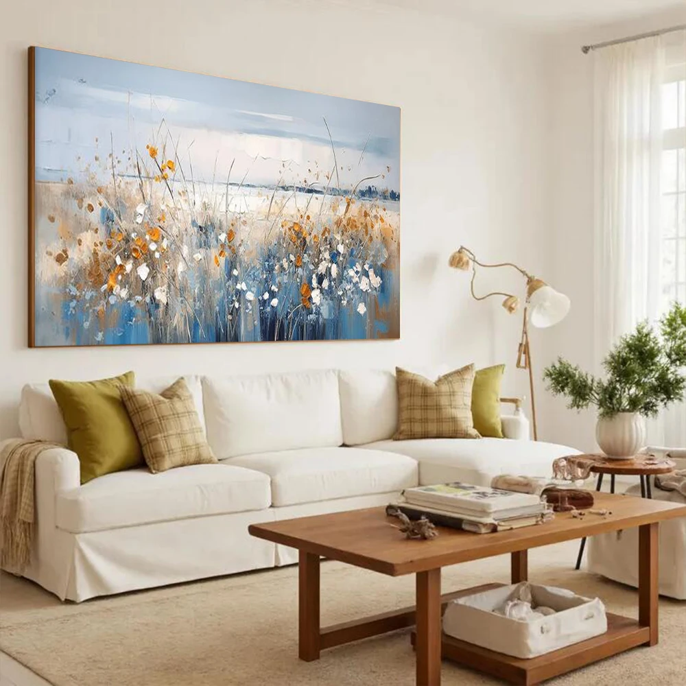 Original oil painting canvas abstract art, natural home decor, blue wildflower oil painting wall art，handmade pain