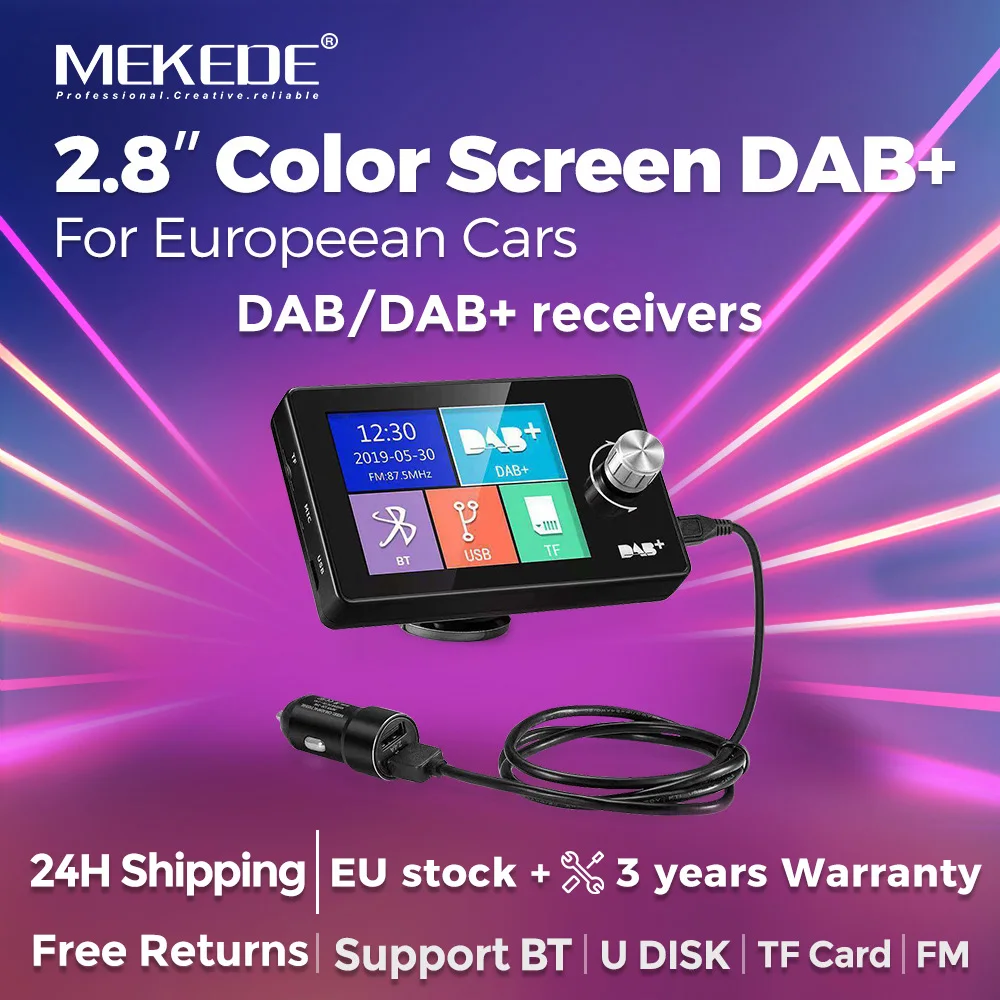 MEKEDE 2.8 inch DAB+ For Screen Digital Signal Broadcast Adapter FM Transmitte  Receiver for Car Radio USB BT TF Card Player