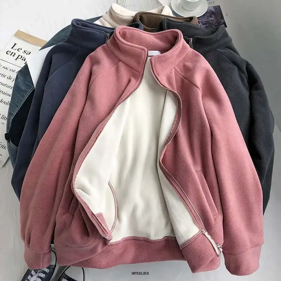 

Oversized 150KG Women Casual Zipper Jacket Winter Fleece Hoodies Harajuku Sweatshirt Solid Color Streetwear Warm Coat Korean