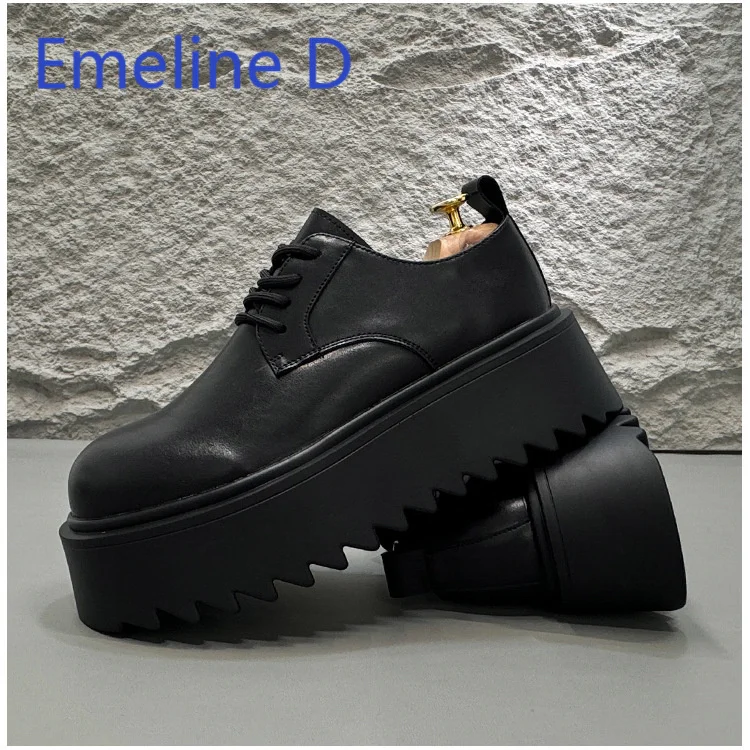 

Big Toe Leather Shoes Casual Retro Thick Soled High Rise Derby Shoes Front Lace Up Formal Wear British Style Black Trendy Shoes