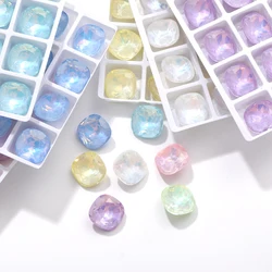 14mm Cushion Glass Stones Glitter Blue Pink Crystal Strass For Needle Work Mocha Color Glue On Rhinestones Fancy Stones