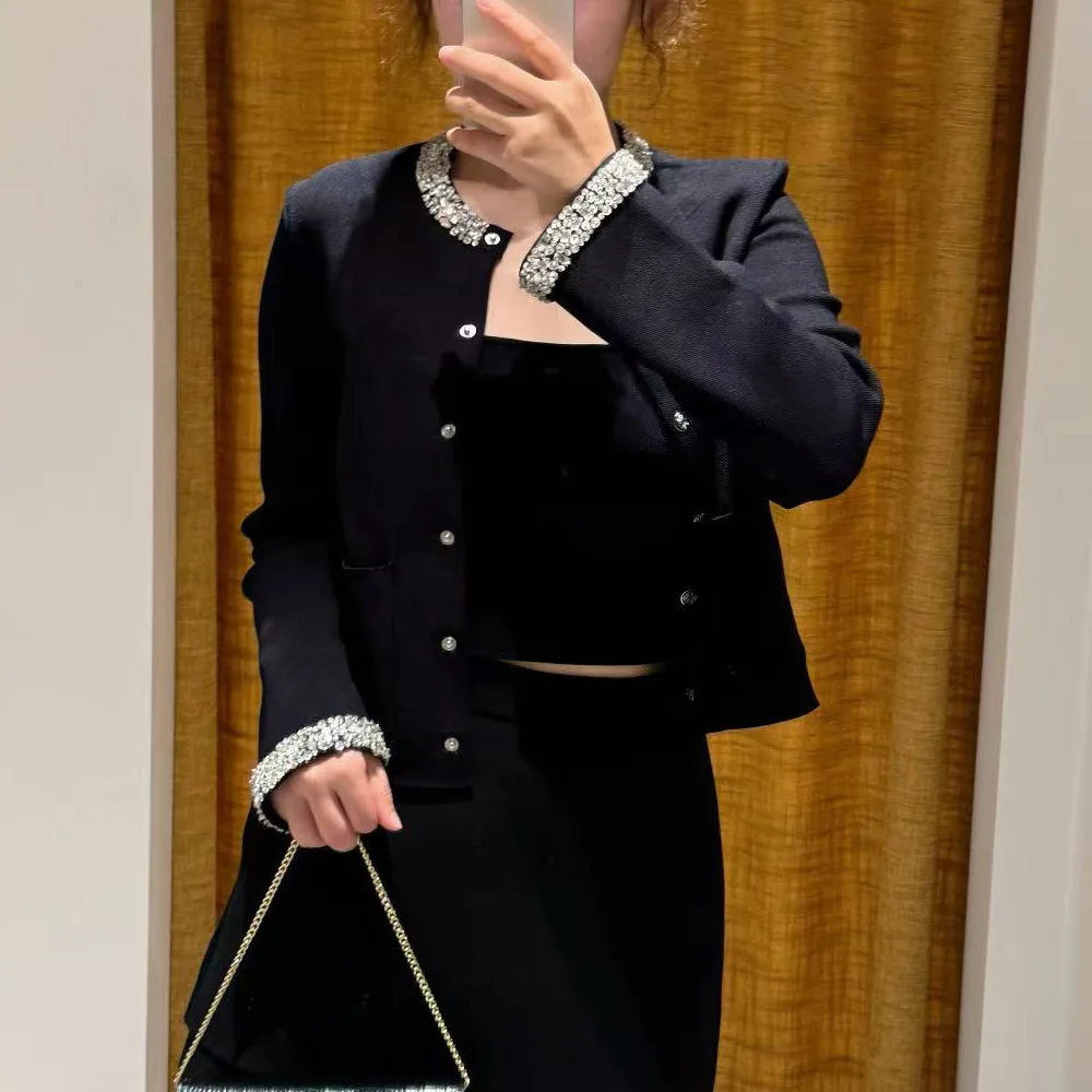 

M Home 2024 Autumn Bla Diamond-Encrusted ort Knitwear round Ne Slim Fit Heavy Embroidery Small Fraance Sle Women's Top