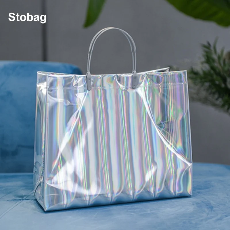 StoBag 25pcs Laser Shopping Tote Bag Shoulder Woman\'s Plastic Gift Clothes Packaging Pouches Portable Custom Logo(Extra Fee)