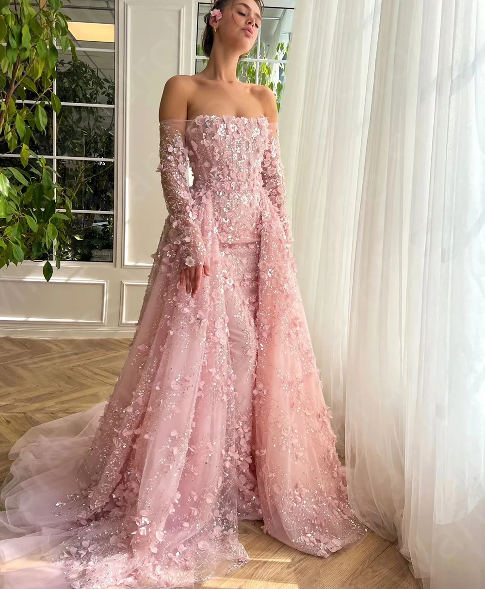 Exquisite Pink Evening Dresses Lace 2024 Prom Party Gowns Off Shoulder Sleeve Strapless Sequined Wedding Guest Dress Flowers