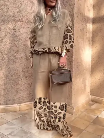 New Fashionable Generous Women's Casual Personalized Cotton Linen Printing Leopard Print Set 2 Piece Sets Womens Outfits