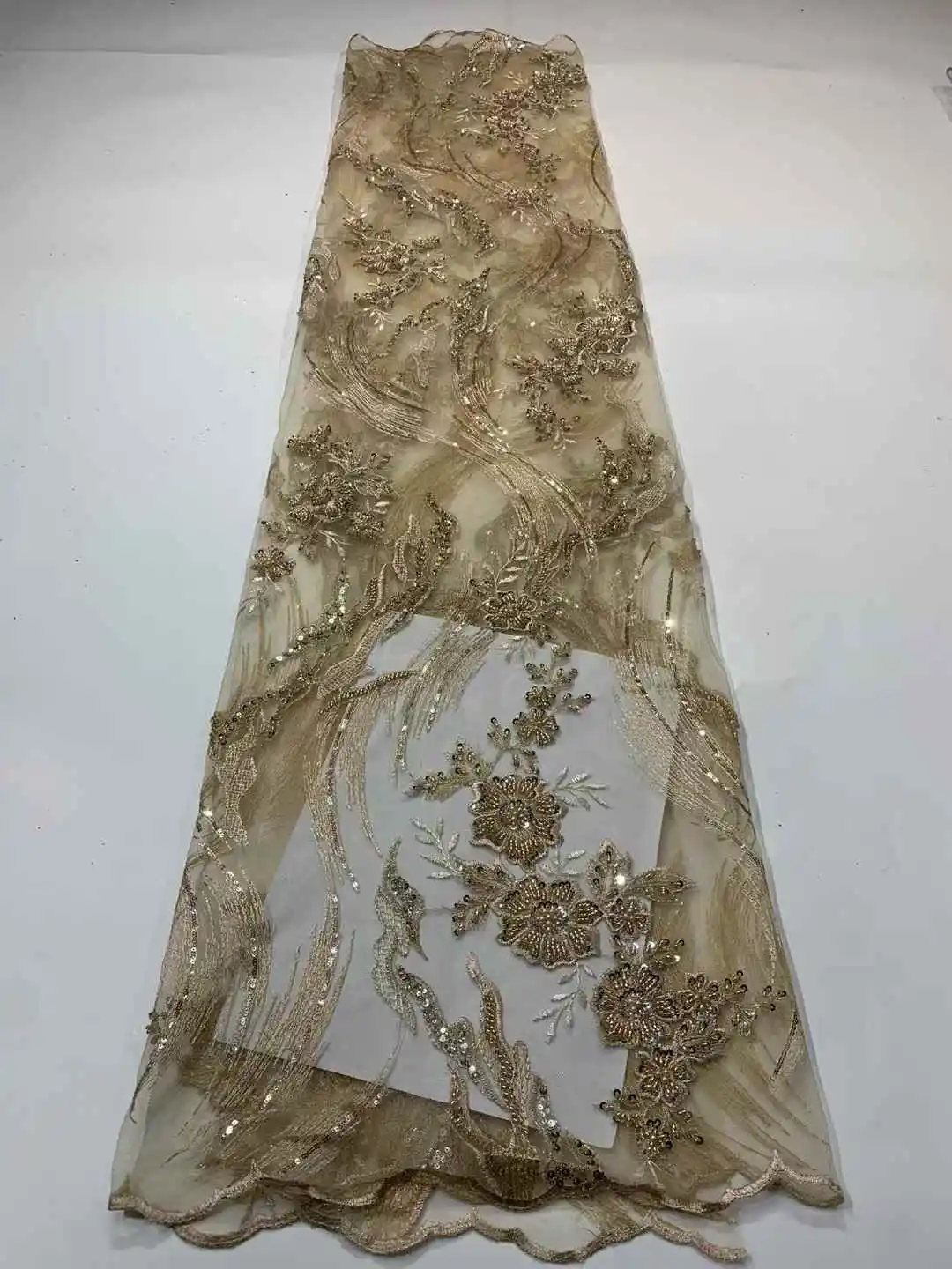 ผ้าลูกไม้ 5 หลา 2025 คุณภาพสูง ประดับด้วยลูกปัดและเลื่อม ผ้าลูกไม้ตาข่ายแอฟริกัน วัสดุแฟชั่นสำหรับผู้หญิง ผ้าลูกไม้หรูหรา