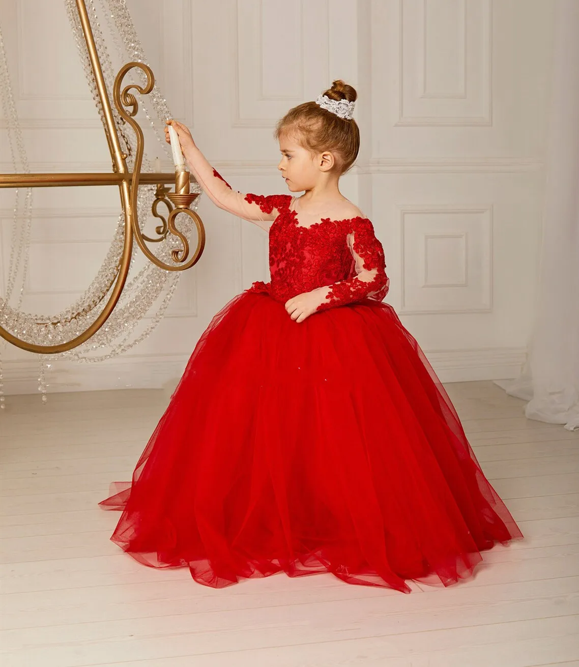 Vestido vermelho Puffy Flower Girl, Casamento Lace Tulle, Pescoço puro, Forro macio, Vestido de Primeira Comunhão Infantil, Vestido de aniversário