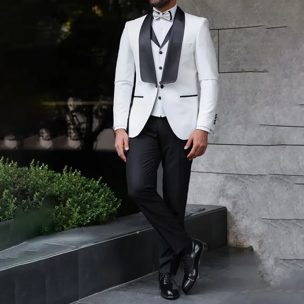 

Elegant Men's Suits Set 3 Pieces Chic Shawl Lapel Groom Wedding Evening Party Slim Fit Formal Male Clothing Jacket Pants Vest
