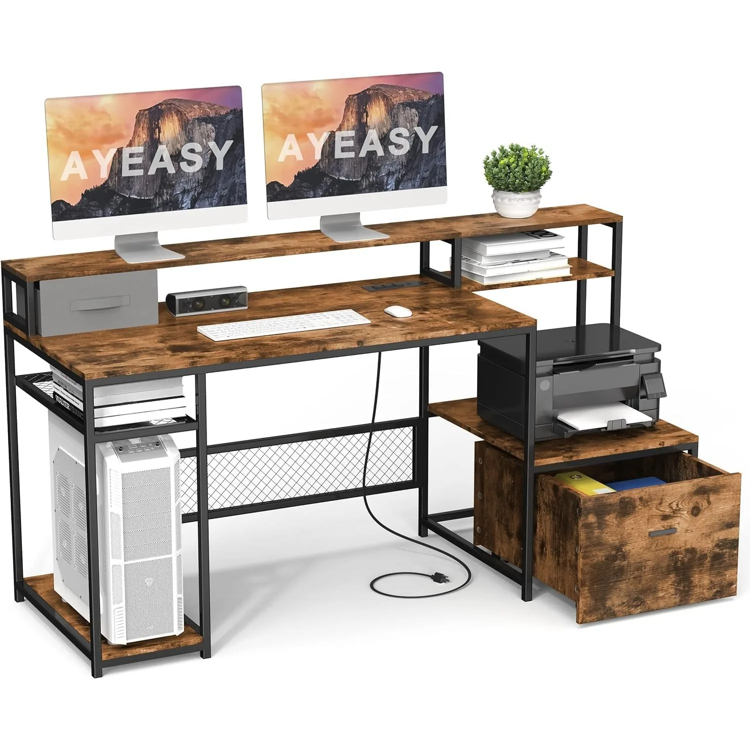 Home Office Desks with Drawers, 66'' Computer Desk with Storage, Office Desk with Monitor Stand, Work Desk with Outlets and USB