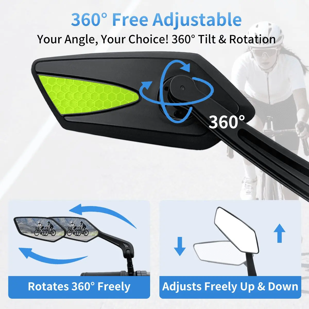1 Pair Adjustable Handlebar Bike Mirror, Shatterproof HD Glass Lens, Universal Fit Rearview Bicycle Mirrors, 360° Rotatable, Com view 6