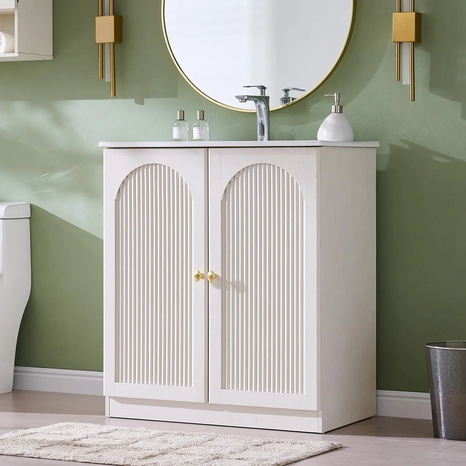 30 Inch Arched Bathroom Vanity with Sink, Fluted Design,Antique White