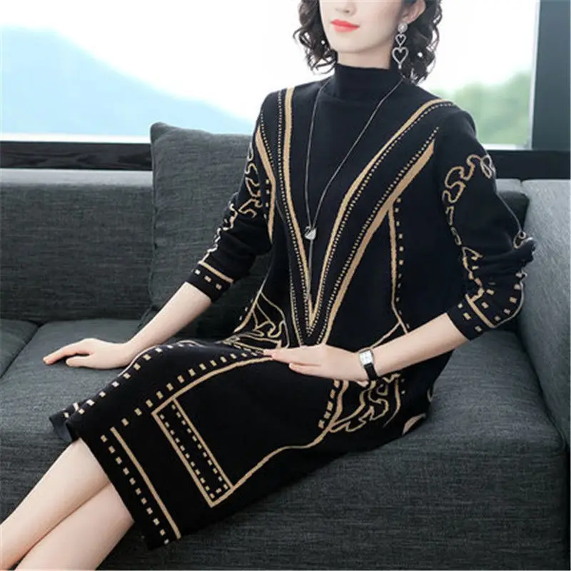 Autumn Winter Geometric Knitted Midi Dress Basic Vintage Half High Collar Women\'s Clothing Straight Casual Long Sleeve Dresses