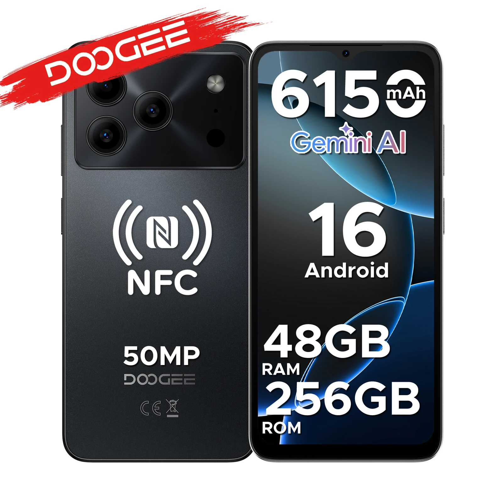 Smartphone DOOGEE Note56 Plus Android 16 Gemini AI 6,56" Batterie 6150 mAh 48 Go RAM (6+42) 256 Go ROM Paiement Google Mobile