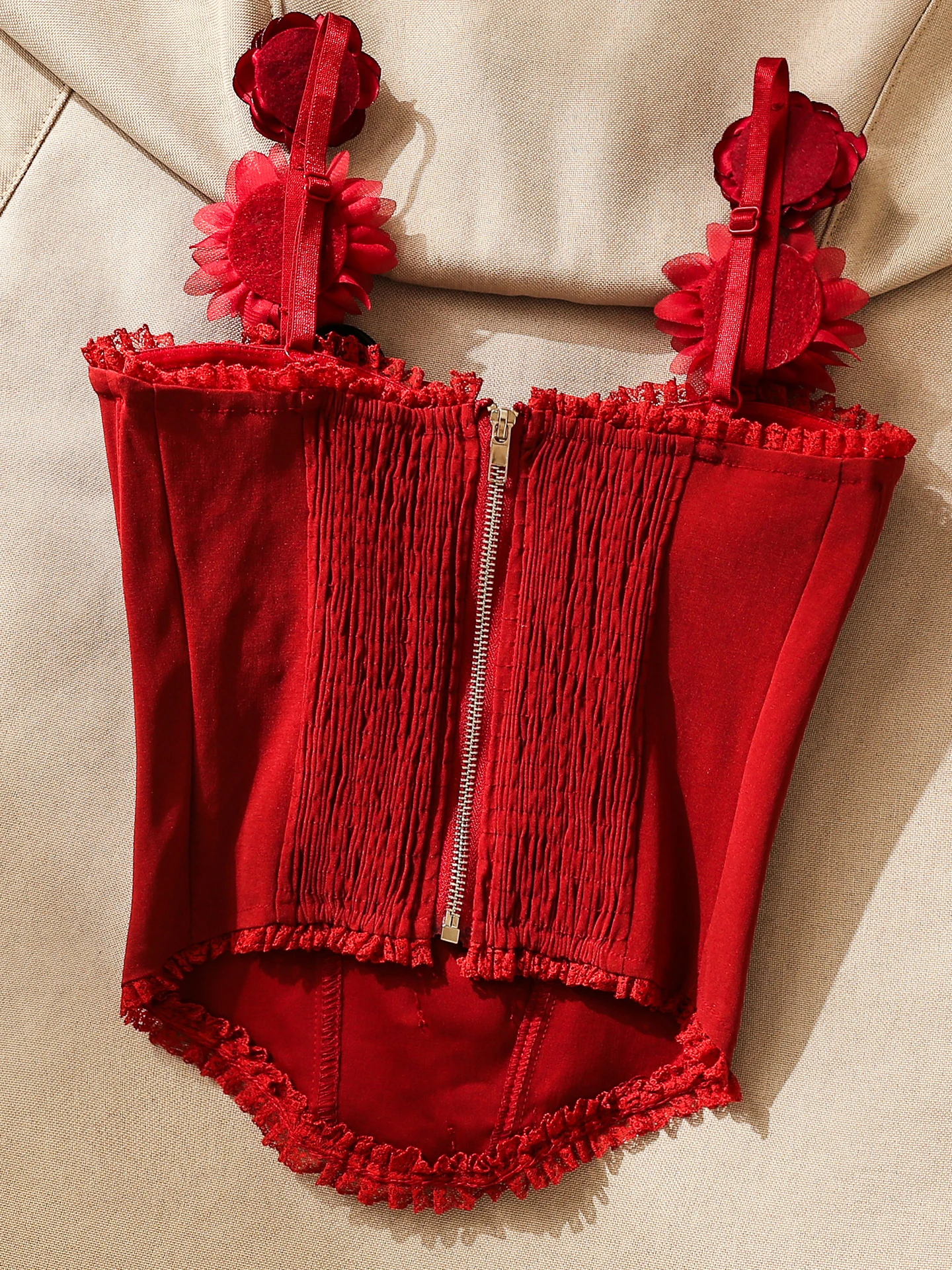 Sexy Red Flower Embroidery Crop Top Women's Camisole Vest Inner Wear Waist Cinched Strap Vest Short Length City Walk Outfit