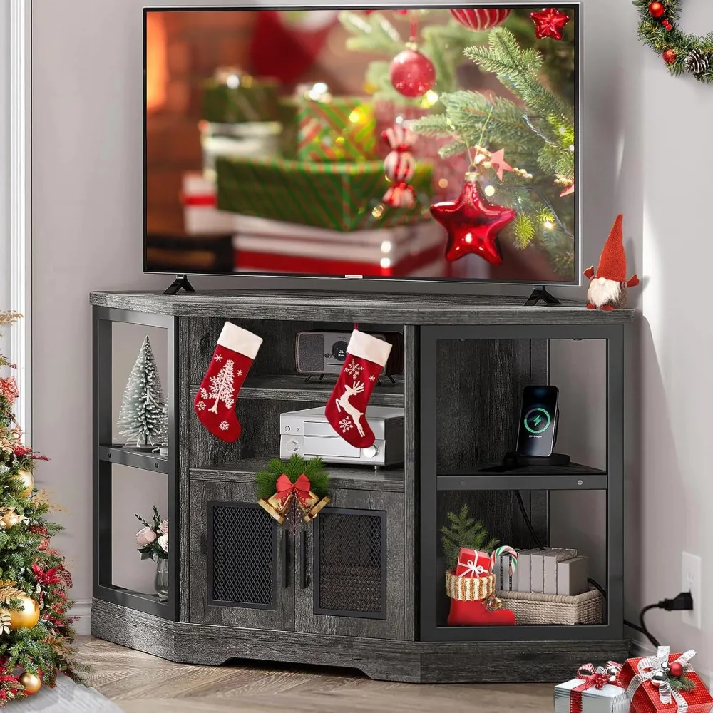 

Corner TV stand, suitable for a maximum 55 inch TV with power outlet, modern farmhouse entertainment center