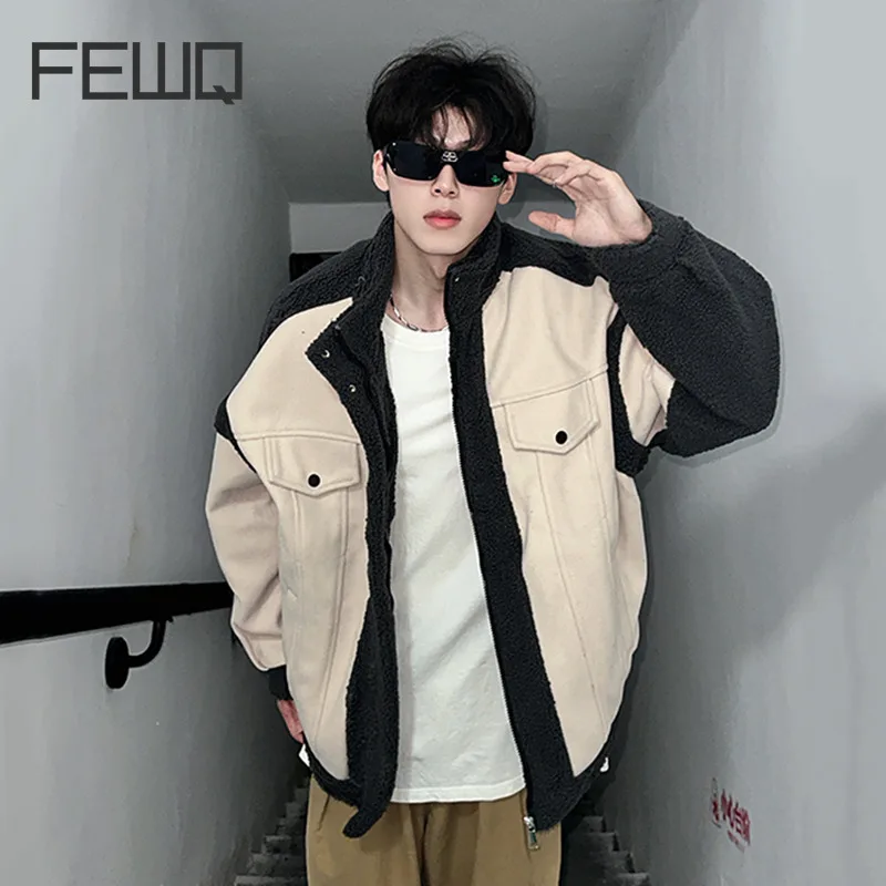 Fewq แจ็คเก็ตผู้ชายแฟชั่นใหม่ฤดูใบไม้ร่วงเสื้อโค้ทลำลองผู้ชายทันสมัยสีตัดกันเย็บปะติดปะต่อกันของคอตั้ง24E2610ทันสมัย