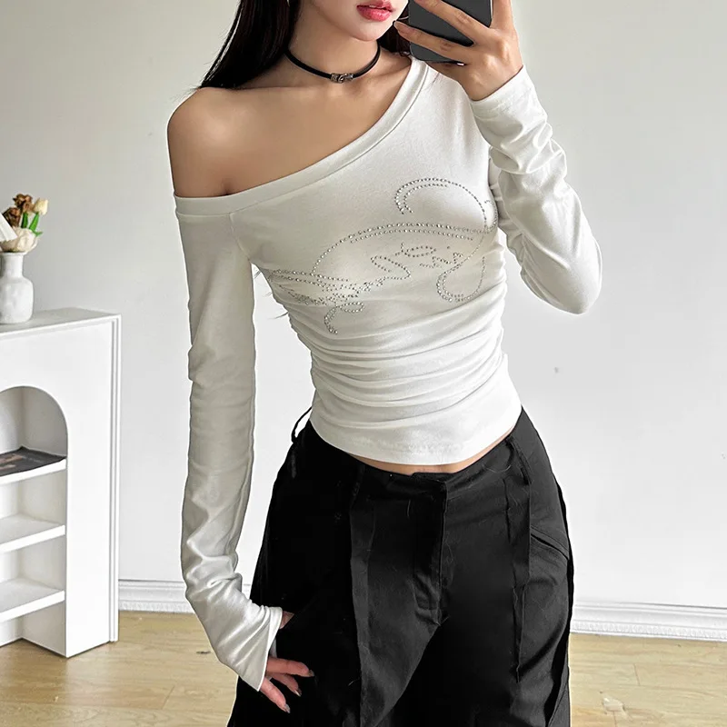Модная осенняя новая женская одежда 2024, сексуальный пикантный топ с открытыми плечами и открытыми плечами для девочек, нестандартный топ для похудения