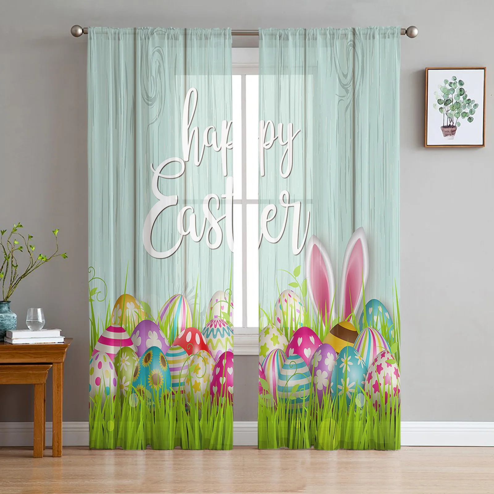 Easter Spring Colored Egg Bunny Sheer Tulle Window Curtains For Living Room Bedroom Kitchen Veiling Curtain Home Decoration