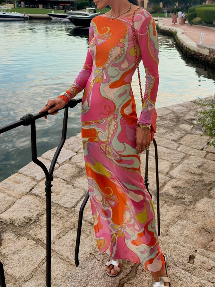 Spring Summer Fashion Resort Geometric Pattern Print Sexy Floor-Length Dress Women's O-Neck Long Sleeve Buttock Covering Dress