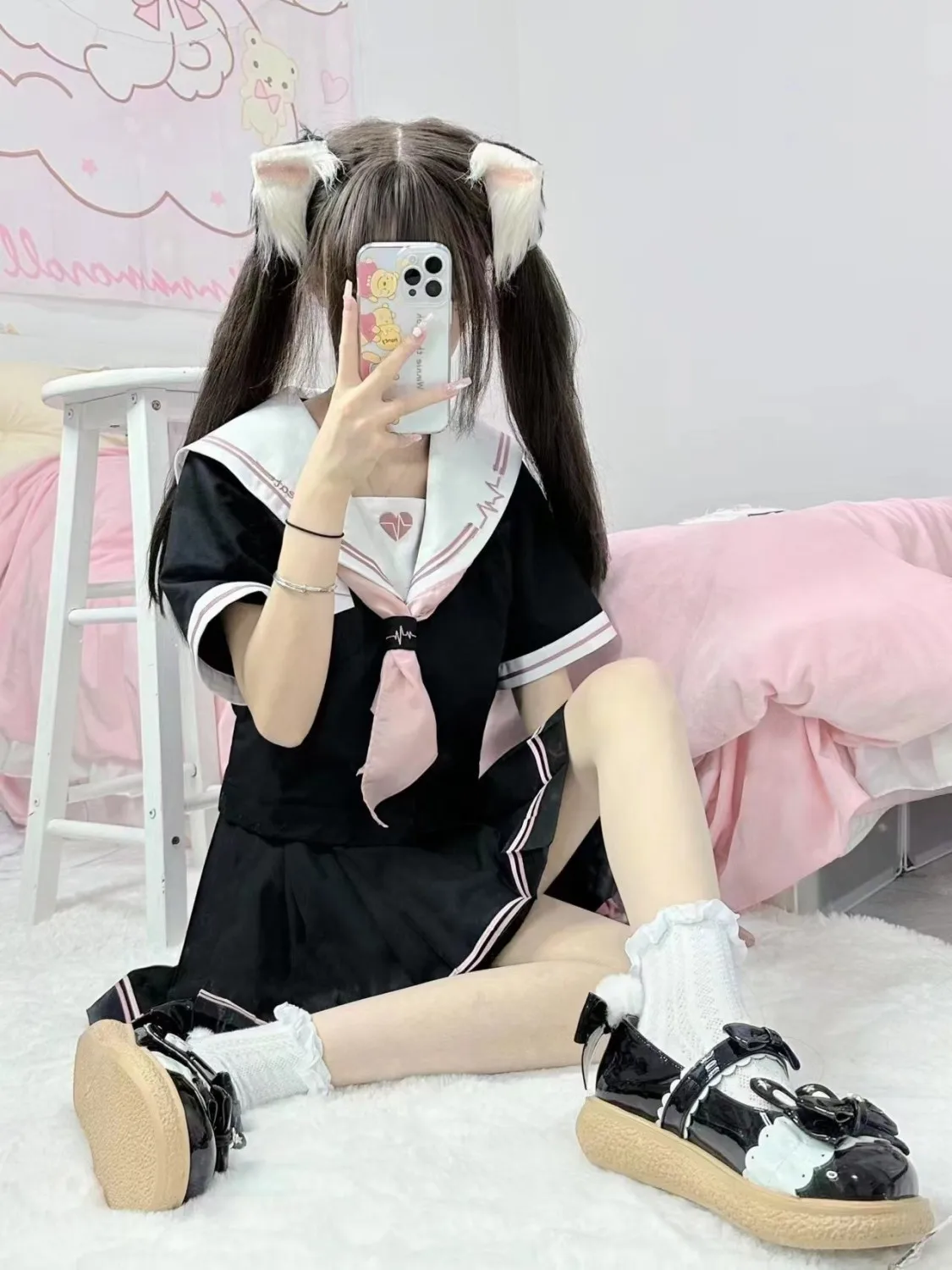 [heartbeat]Genuine JK uniform black and pink girl sweet long short sleeved short skirt sailor suit