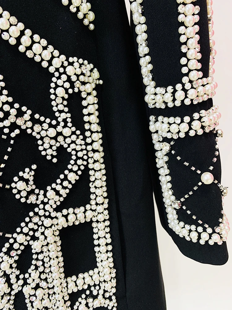 HIGH STREET Newest 2024 Designer Fashion Women\'s Shawl Collar Stunning Diamonds Pearls Beaded Blazer Dress