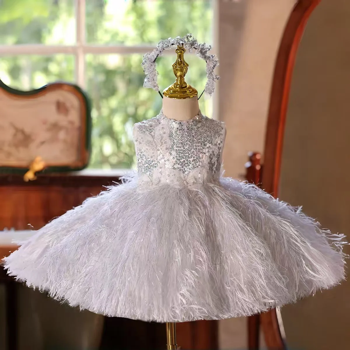 

Dreamy Vow D186 Feathers Flower Girl Dress Knee Length Princess Kids Wedding Birthday Festival Party Performance Formal Gown