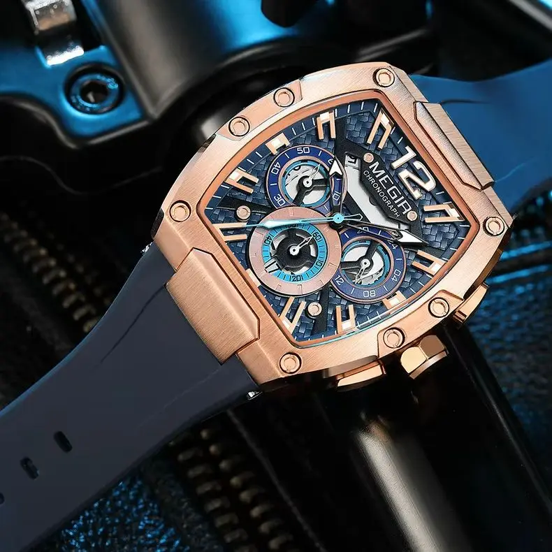 

Fashion Brand Chronograph Sport Watch Silicone Strap Luminous Tonneau Men Quartz Wristwatch Luxury Timepiece