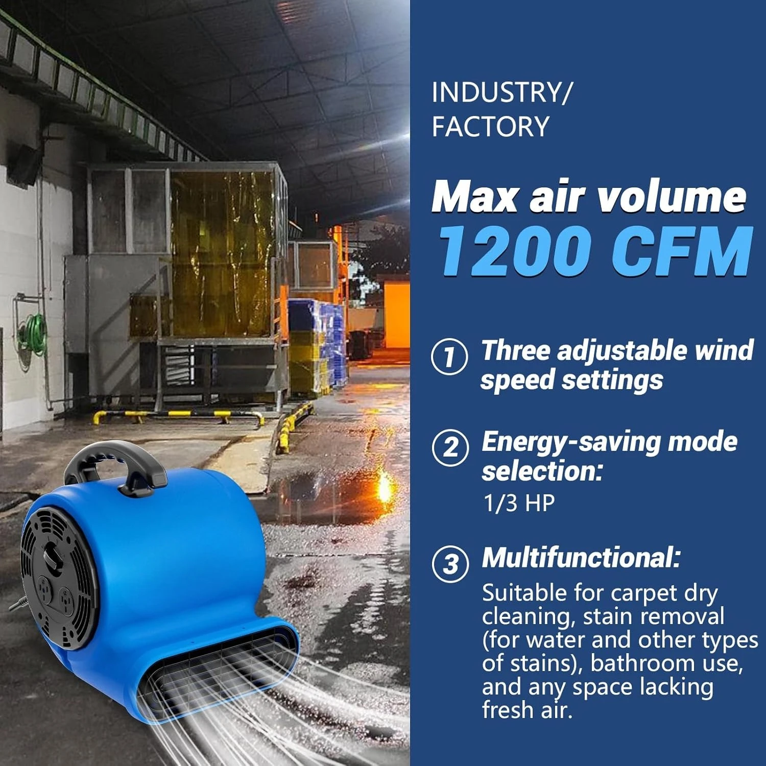 Ventilateur de déplacement d'air, sèche-tapis industriel 1/3HP 1200CFM Monster Floor, interrupteur à 3 vitesses, 4 Angles réglables, en vente