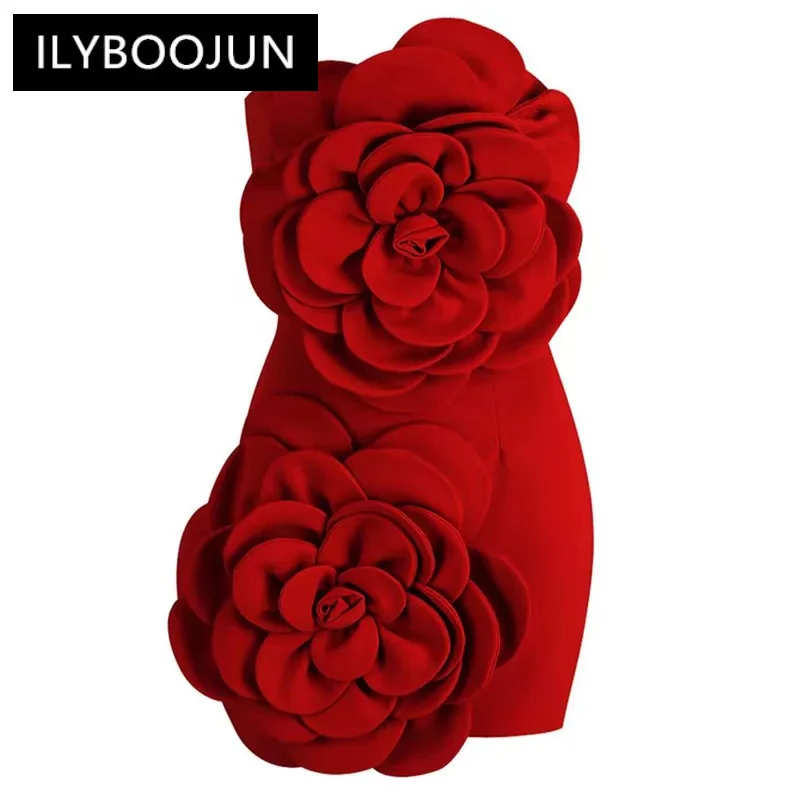 

ILYBOOJUN Solid Patchwork Appliques Slimming Mini Dresses For Women Strapless Sleeveless High Waist Bodycon Dress Female 2023