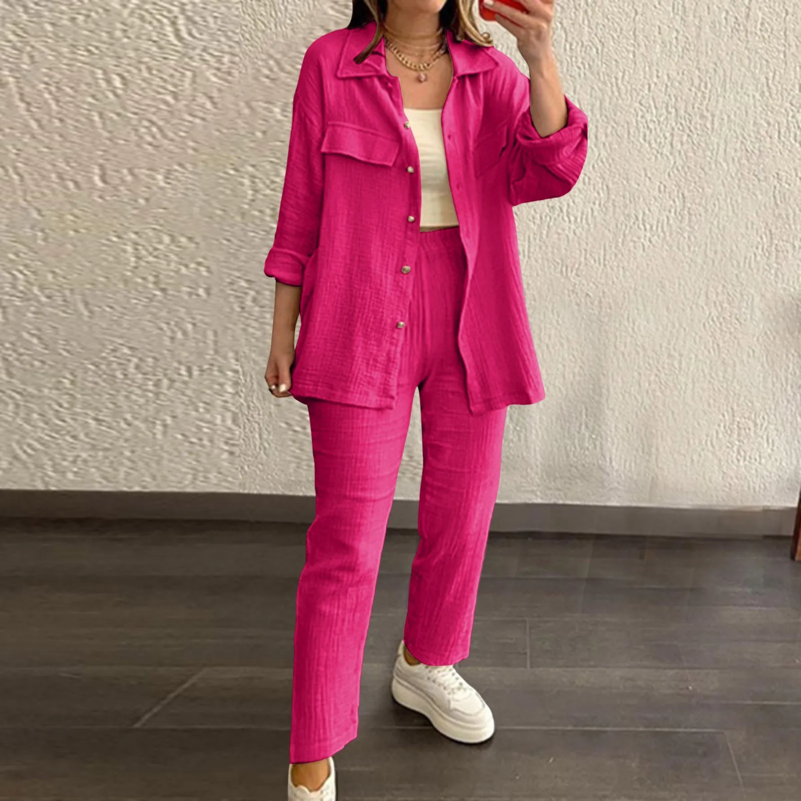 

Однотонные повседневные комплекты, женская одежда, рубашка и блузка со складками, Свободный Топ с длинным рукавом и карманами, офисный топ на шнуровке, короткие брюки с широкими штанинами, 2 предмета