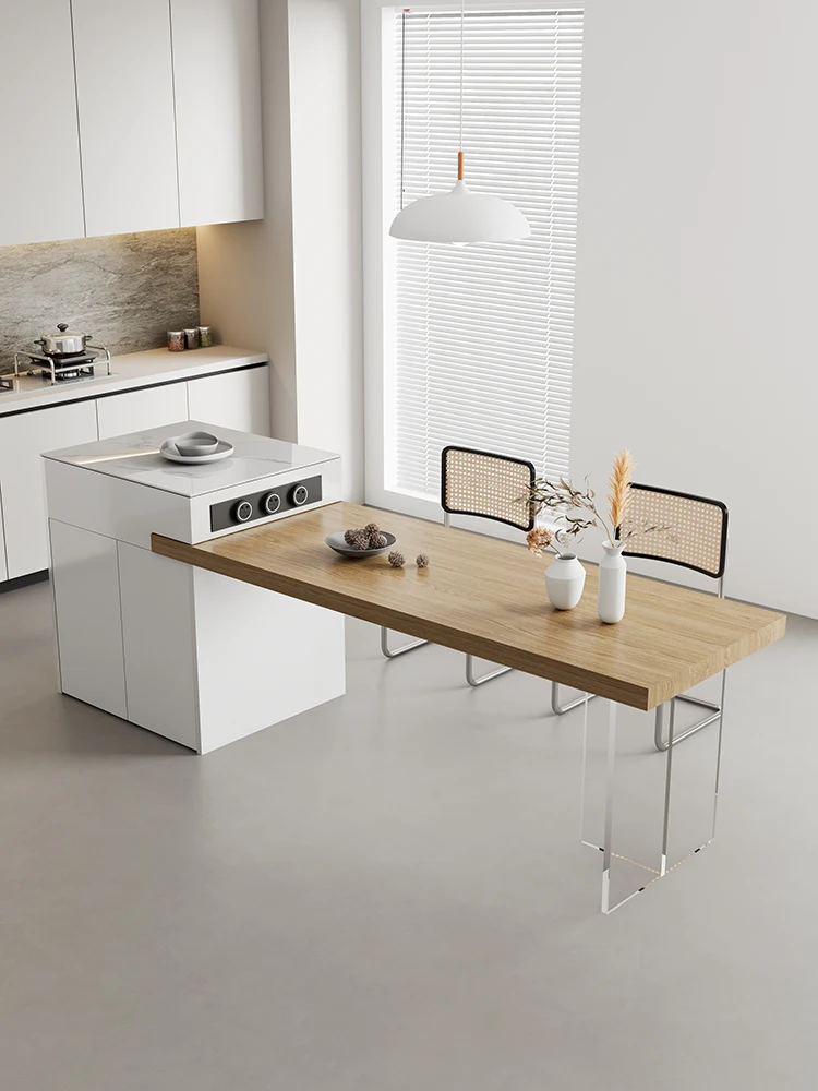 Suspension Kitchen Island Dining Table Integrated Retractable Household Wood Color Dining Table