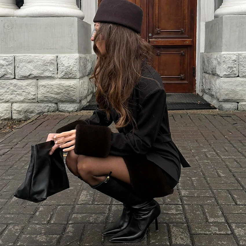 Linad hiver élégant plume Patchwork chemise robe rue Chic taille haute Mini robes mode col cranté robe courte 2025