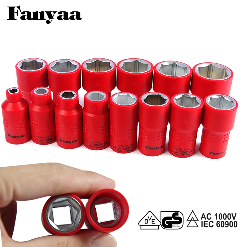 Fanyaa VDE Nut Insulated Sockets Spanner 3/8 Ratchet Head Sleeve Socket Connector Hexagon Metric 6-24mm Wrench Adaptor 1000V