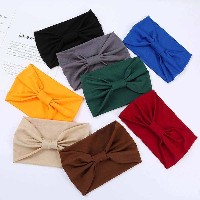 1 Pc Boho Solid Color Wide Headbands Vintage Knot Elastic Turban Headwrap For Women Girls Cotton Soft Bandana Hair Accessories