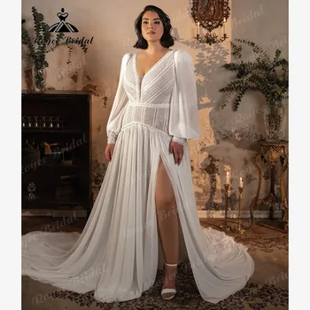 Vestido de novia personalizado de manga larga con encaje y cuello en V, vestido de novia con abertura lateral para mujer, vestido de novia de gran tamaño 2025