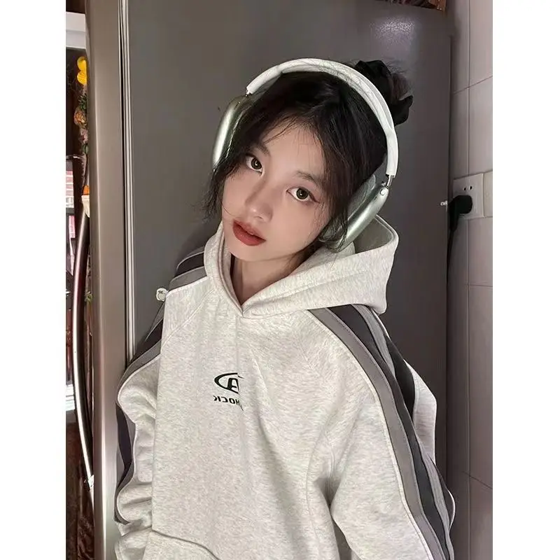 

HOUZHOU Autumn Vintage Hoodies Women Oversized Patchwork Striped Baddie Streetwear Sweatshirt Harajuku Winter Korean Fashion