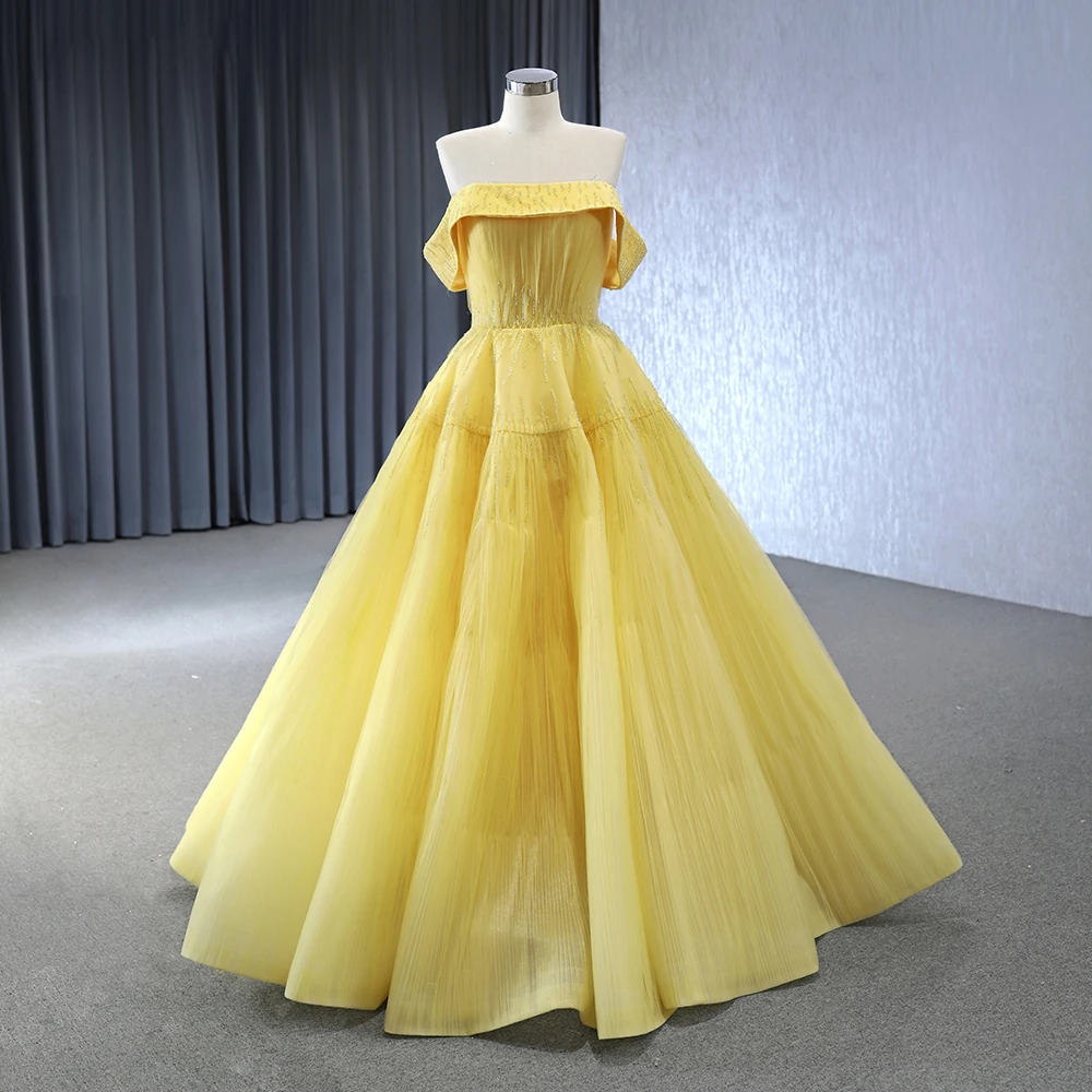 Jancember Factory Wholesale Exquisite Yellow Evening Dresses Organza Prom Dresses Short Sleeves Vestidos De 15 Años RSM231002