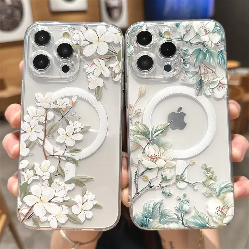 Transparent Magsafe Magnetic Flower Branch Case iPhone 16 13 12 14 15 Pro Max 11 15 Plus Wireless Charge Shockproof Clear Cover