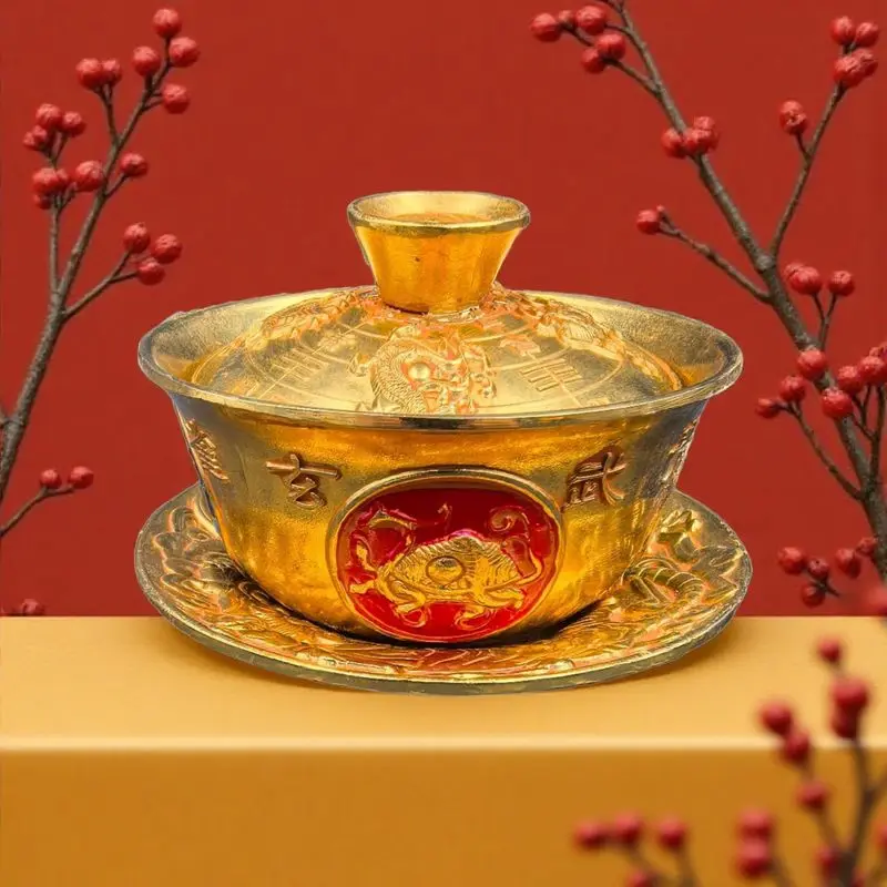 Bronze Cup Chinese Style Four Divine Beasts Gaiwan Kung Fu Tea Set Ornament Vintage