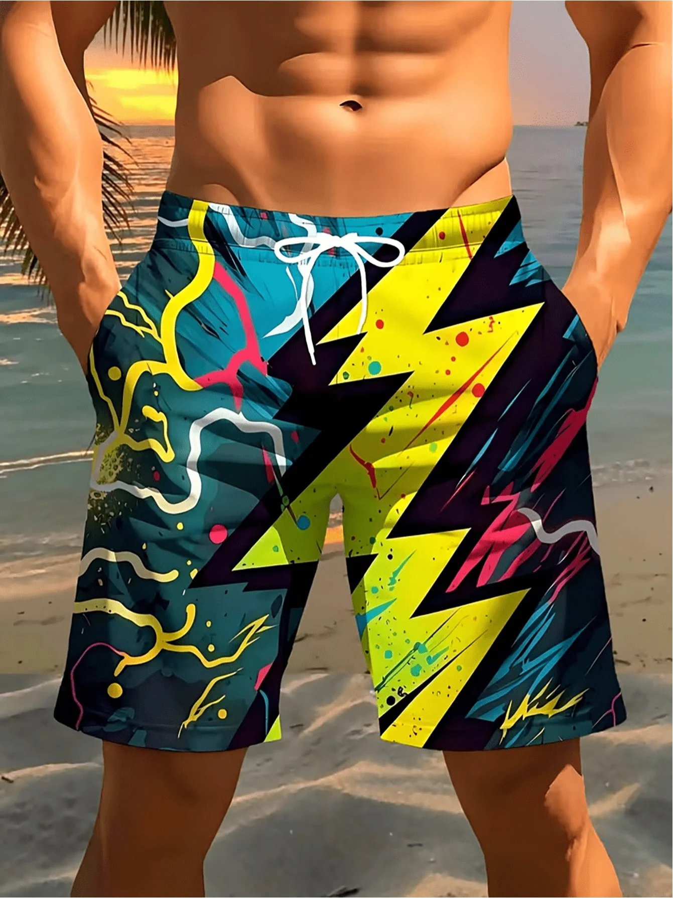 

Men's Pastel Fish Stripe Print Quick Dry Drawstring Beach Swim Board Shorts