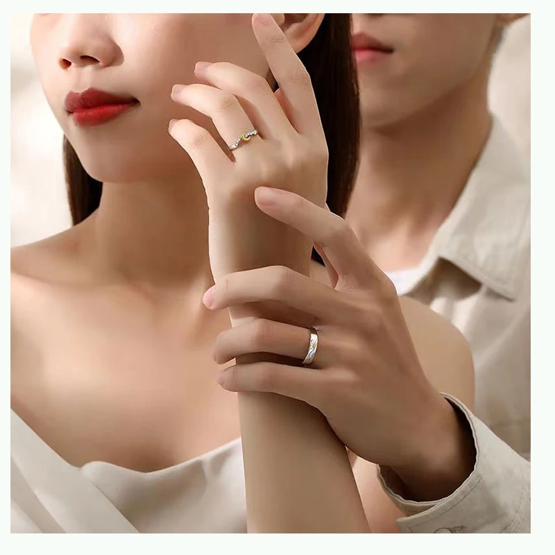 New Hot Sale Silver Color Personality Color Separation Sun Moon Couple Opening Ring Valentine's Day Love Jewelry Gift J942 #4