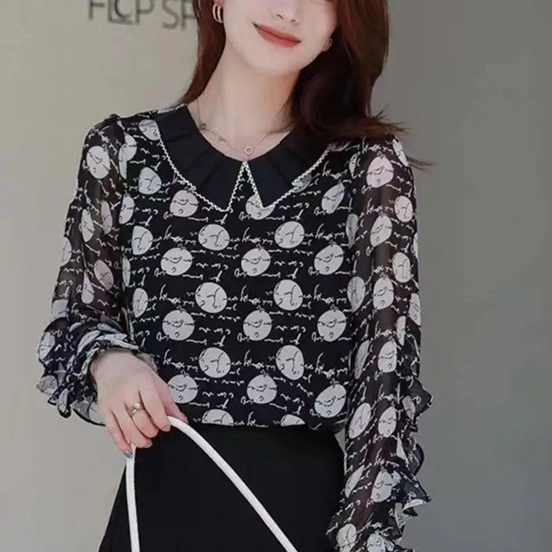 Spring Autumn Ruffles Women\'s Clothing Pullover Geometric Printing Chiffon Long Sleeve T-shirt Casual Comfortable Korean Tops