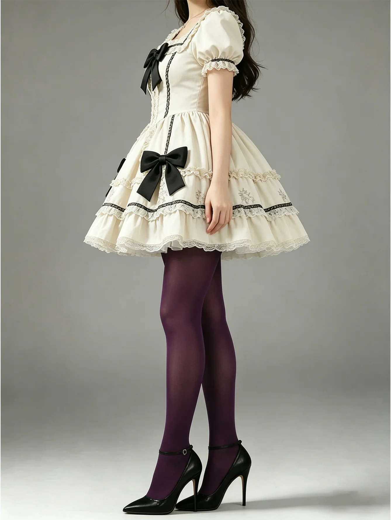1 Paar Damen-Strumpfhosen in Dunkelviolett, blickdicht, dehnbar, einfarbig, im Lolita-Stil – Detail 2