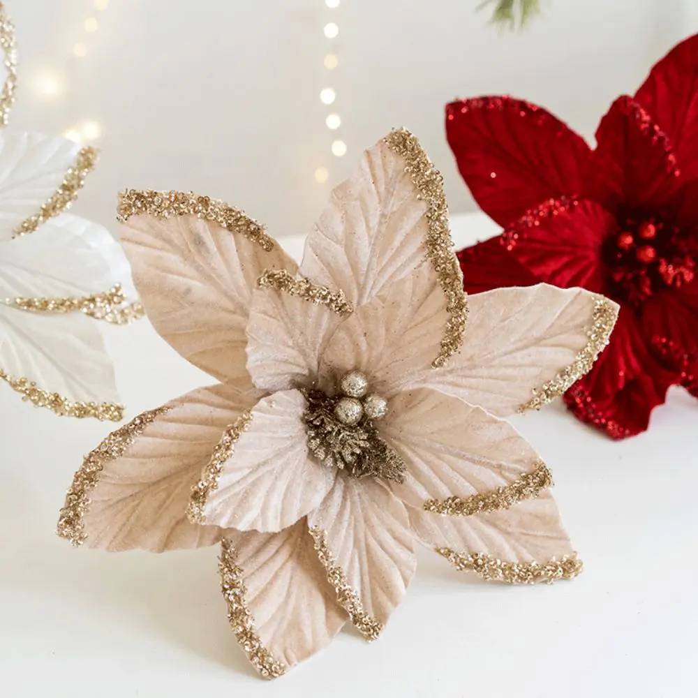 Fashion Long-lasting Glitter Christmas Flower Shiny Realistic Artificial Xmas Flowers DIY Simulation Handmade Flowers Wedding