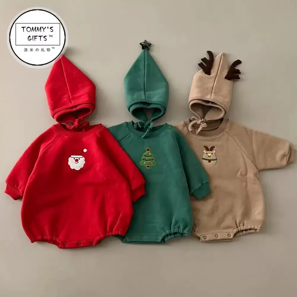 

Korean Style INs Baby Christmas Romper Fall Winter Fleece-Lined & Thickened Cartoon Long-Sleeve Infant Jumpsuit with Hat