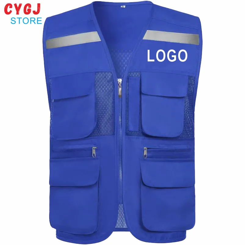 Multi-pocket mesh patchwork vest with reflective strips, breathable mesh construction site work clothes with LOGO customization