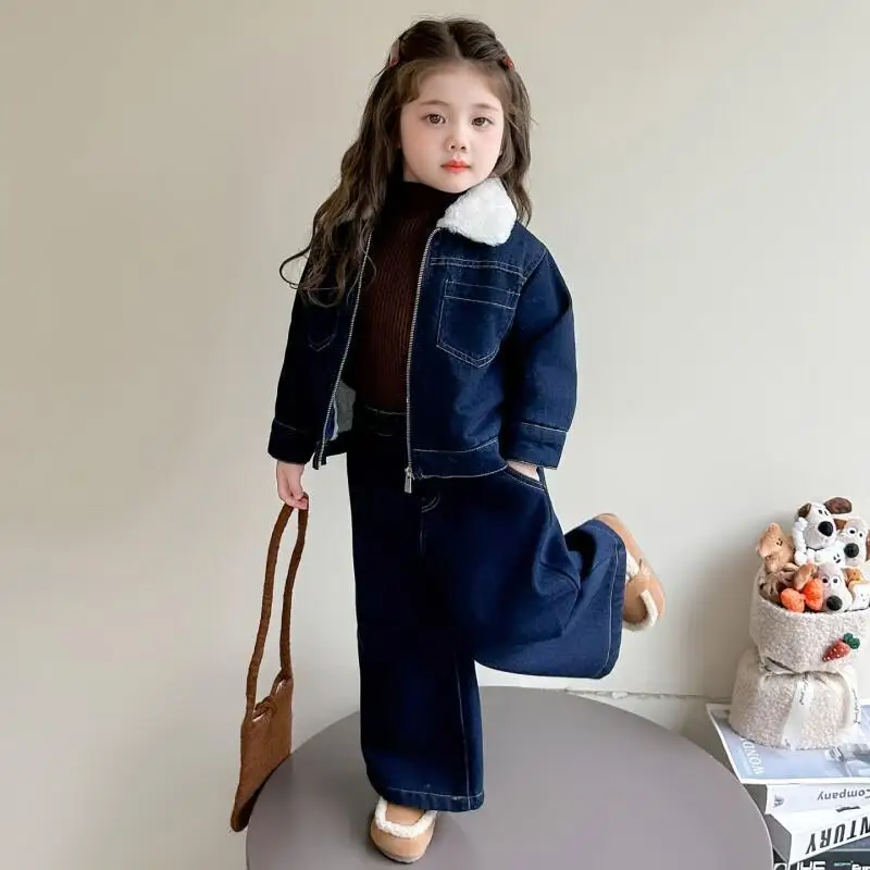 

Утепленный ковбойский комплект из двух предметов для девочек, осенне-зимние топы, пальто, брюки, спортивная одежда для детей, сохраняющая тепло, кавайная модная новая повседневная одежда