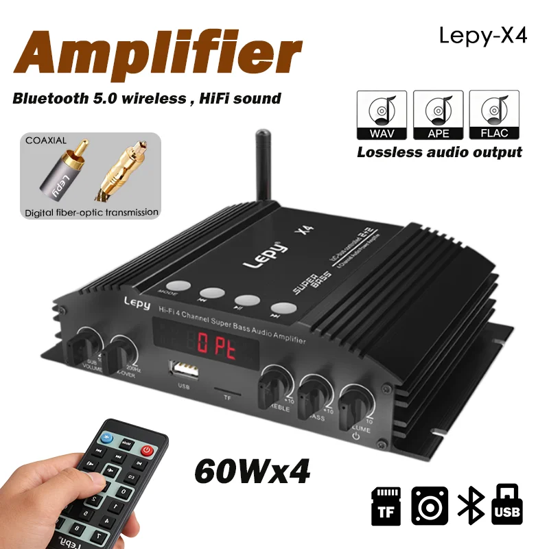 

Lepy-X4 4-канальный 2.2-канальный Hi-Fi Bluetooth 5.0 усилитель мощности, 60 Вт×4 RMS, двойной выход для сабвуфера, коаксиальный/оптический, для домашнего/автомобильного аудио