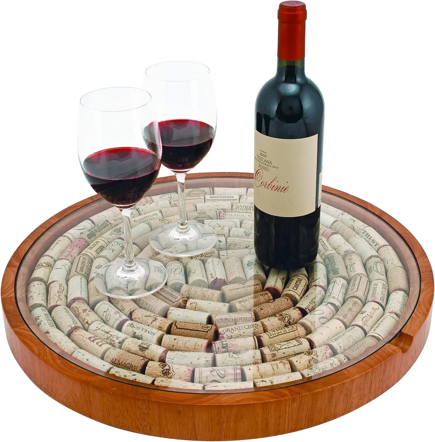 

Wooden and Glass Wine Cork Display Lazy Susan Turntable, Holds 130 Corks for Tabletop Organization
